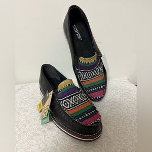 NWT Roper Ladies Jacolin Leather/Serape Shoes Black Country Western Loafers 7.5